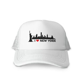 Кепка тракер с сеткой с принтом I love NY (панорама) в Ухте, трикотажное полотно; задняя часть — сетка | длинный козырек, универсальный размер, пластиковая застежка | Тематика изображения на принте: i | love | new | york | город | йорк | люблю | нью | панорама | свобода | статуя | я