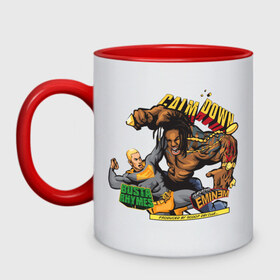 Кружка двухцветная с принтом Eminem vs. Busta Rhymes в Ухте, керамика | объем — 330 мл, диаметр — 80 мм. Цветная ручка и кайма сверху, в некоторых цветах — вся внутренняя часть | 