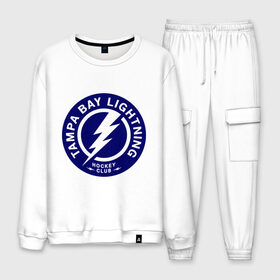 Мужской костюм хлопок с принтом HC Tampa Bay Lightning в Ухте, 100% хлопок | на свитшоте круглая горловина, мягкая резинка по низу. Брюки заужены к низу, на них два вида карманов: два “обычных” по бокам и два объемных, с клапанами, расположенные ниже линии бедра. Брюки с мягкой трикотажной резинкой на поясе и по низу штанин. В поясе для дополнительного комфорта — широкие завязки | Тематика изображения на принте: bay | club | hockey | lightning | tampa | клуб | хоккей