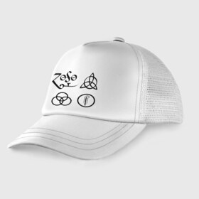 Детская кепка тракер с принтом Led Zeppelin simbols в Ухте, Козырек - 100% хлопок. Кепка - 100% полиэстер, Задняя часть - сетка | универсальный размер, пластиковая застёжка | Тематика изображения на принте: led zeppelin