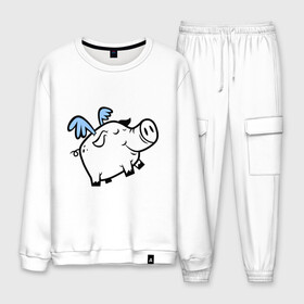 Мужской костюм хлопок с принтом Крылатый поросёнок в Ухте, 100% хлопок | на свитшоте круглая горловина, мягкая резинка по низу. Брюки заужены к низу, на них два вида карманов: два “обычных” по бокам и два объемных, с клапанами, расположенные ниже линии бедра. Брюки с мягкой трикотажной резинкой на поясе и по низу штанин. В поясе для дополнительного комфорта — широкие завязки | крылья