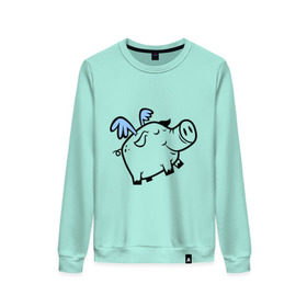 Женский свитшот хлопок с принтом Крылатый поросёнок в Ухте, 100% хлопок | прямой крой, круглый вырез, на манжетах и по низу широкая трикотажная резинка  | крылья