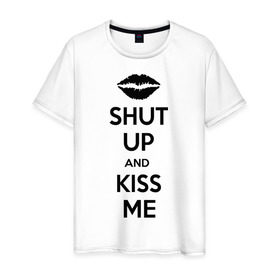 Мужская футболка хлопок с принтом Kiss me в Ухте, 100% хлопок | прямой крой, круглый вырез горловины, длина до линии бедер, слегка спущенное плечо. | kiss | shut up | заткнись | поцелуй