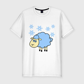 Мужская футболка премиум с принтом Овечка и снег в Ухте, 92% хлопок, 8% лайкра | приталенный силуэт, круглый вырез ворота, длина до линии бедра, короткий рукав | 2015 | new year | новый год | овца | снег | снежинки
