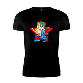 Мужская футболка премиум с принтом Кот на пулемете в Ухте, 92% хлопок, 8% лайкра | приталенный силуэт, круглый вырез ворота, длина до линии бедра, короткий рукав | 