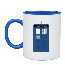 Кружка двухцветная с принтом TARDIS в Ухте, керамика | объем — 330 мл, диаметр — 80 мм. Цветная ручка и кайма сверху, в некоторых цветах — вся внутренняя часть | Тематика изображения на принте: doctor who | доктор кто