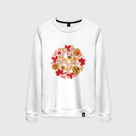 Женский свитшот хлопок с принтом Хохлома в Ухте, 100% хлопок | прямой крой, круглый вырез, на манжетах и по низу широкая трикотажная резинка  | 