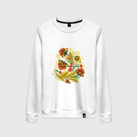 Женский свитшот хлопок с принтом Хохлома в Ухте, 100% хлопок | прямой крой, круглый вырез, на манжетах и по низу широкая трикотажная резинка  | 