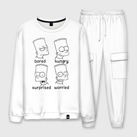Мужской костюм хлопок с принтом Bart Emotions в Ухте, 100% хлопок | на свитшоте круглая горловина, мягкая резинка по низу. Брюки заужены к низу, на них два вида карманов: два “обычных” по бокам и два объемных, с клапанами, расположенные ниже линии бедра. Брюки с мягкой трикотажной резинкой на поясе и по низу штанин. В поясе для дополнительного комфорта — широкие завязки | emotions bart simpson барт симпсон эмоции