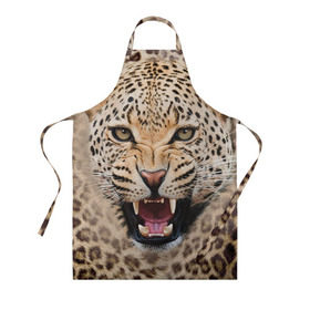 Фартук 3D с принтом Леопард в Ухте, 100% полиэстер | общий размер — 65 х 85 см, ширина нагрудника — 26 см, горловина — 53 см, длина завязок — 54 см, общий обхват в поясе — 173 см. Принт на завязках и на горловине наносится с двух сторон, на основной части фартука — только с внешней стороны | животные | зубы | киса | киска | кошка | леопард | оскал