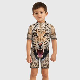 Детский купальный костюм 3D с принтом Леопард в Ухте, Полиэстер 85%, Спандекс 15% | застежка на молнии на спине | животные | зубы | киса | киска | кошка | леопард | оскал