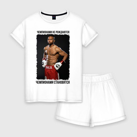 Женская пижама с шортиками хлопок с принтом Roy Jones Jr в Ухте, 100% хлопок | футболка прямого кроя, шорты свободные с широкой мягкой резинкой | бокс | рой джонс младший | чемпионами не рождаются | чемпионами становятся
