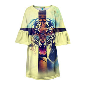Детское платье 3D с принтом Хипстер Тигр в Ухте, 100% полиэстер | прямой силуэт, чуть расширенный к низу. Круглая горловина, на рукавах — воланы | Тематика изображения на принте: 