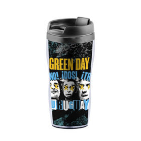 Термокружка-непроливайка с принтом Green Day в Ухте, внутренняя часть — пищевой пластик, наружная часть — прозрачный пластик, между ними — полиграфическая вставка с рисунком | объем — 350 мл, герметичная крышка | green day | rock | грин дей | рок