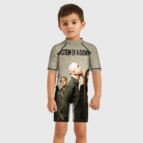 Детский купальный костюм 3D с принтом System of a Down в Ухте, Полиэстер 85%, Спандекс 15% | застежка на молнии на спине | hard rock | metal | rock | serj | system of a down | tankian | метал | рок | систем | танкян | хардрок