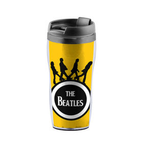 Термокружка-непроливайка с принтом The Beatles в Ухте, внутренняя часть — пищевой пластик, наружная часть — прозрачный пластик, между ними — полиграфическая вставка с рисунком | объем — 350 мл, герметичная крышка | Тематика изображения на принте: beatles | rock | the beatles | битлз | битлс | битлы | рок