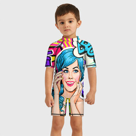 Детский купальный костюм 3D с принтом Pop art в Ухте, Полиэстер 85%, Спандекс 15% | застежка на молнии на спине | bang | boom | omg | pop art | super | wow | wtf | арт | поп | ретро | уорхол | энди