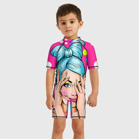 Детский купальный костюм 3D с принтом POP ART в Ухте, Полиэстер 85%, Спандекс 15% | застежка на молнии на спине | omg | pop art | арт | поп | ретро | уорхол | энди