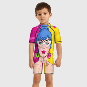 Детский купальный костюм 3D с принтом POP ART в Ухте, Полиэстер 85%, Спандекс 15% | застежка на молнии на спине | omg | pop art | арт | поп | ретро | уорхол | энди
