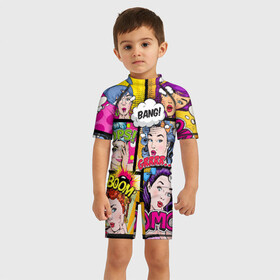 Детский купальный костюм 3D с принтом POP ART в Ухте, Полиэстер 85%, Спандекс 15% | застежка на молнии на спине | bang | omg | pop art | wtf | арт | поп | ретро | уорхол | энди
