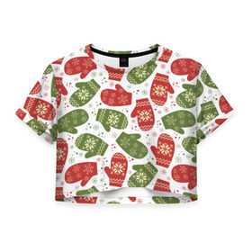 Женская футболка 3D укороченная Варежки: в Ухте, 100% полиэстер | круглая горловина, длина футболки до линии талии, рукава с отворотами | варешки | зима | новый год | орнамент | снег | снежинки