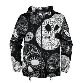 Мужская ветровка 3D с принтом Черепа в Ухте, 100% полиэстер | подол и капюшон оформлены резинкой с фиксаторами, два кармана без застежек по бокам, один потайной карман на груди | орнамент | узоры | черепа