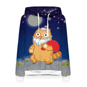 Женская толстовка 3D с принтом Новогодний кот в Ухте, 100% полиэстер  | двухслойный капюшон со шнурком для регулировки, мягкие манжеты на рукавах и по низу толстовки, спереди карман-кенгуру с мягким внутренним слоем. | дед мороз | кот | новый год | персик | с новым годом | смайл