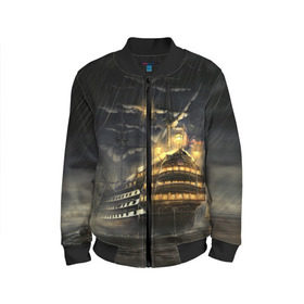 Детский бомбер 3D с принтом Парусник в Ухте, 100% полиэстер | застегивается на молнию, по бокам два кармана без застежек, мягкие манжеты, по низу бомбера и на воротнике — эластичная резинка | Тематика изображения на принте: море | ночь | огни | океан | парусник