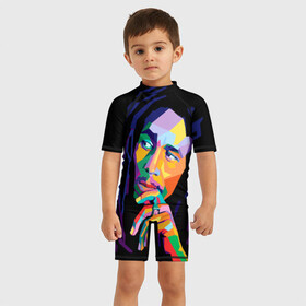 Детский купальный костюм 3D с принтом Боб Марли в Ухте, Полиэстер 85%, Спандекс 15% | застежка на молнии на спине | bob marley | боб марли | поп арт | регги