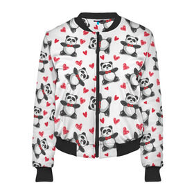 Женский бомбер 3D с принтом Панда и любовь в Ухте, 100% полиэстер | застегивается на молнию, по бокам два кармана без застежек, мягкие манжеты, по низу бомбера и на воротнике — эластичная резинка | 14 февраля | bears | love | love you | валентин | влюбленные | день святого валентина | лав | любовь | медведб | медведи | мишки | подарок девушке | подарок парню