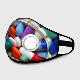 Маска из неопрена с принтом Pills в Ухте, неопрен 100% | Форма огибающая нос. Резинки для ушей с дополнительной резинкой на затылке. Клапан для выдоха для активного дыхания при занятиях спортом. Эластичный материал маски и окантовки для лучшего растяжения и прилегания маски.  | Тематика изображения на принте: пилюли | флу