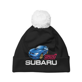 Шапка 3D c помпоном с принтом Subaru STI в Ухте, 100% полиэстер | универсальный размер, печать по всей поверхности изделия | 