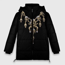 Женская зимняя куртка 3D с принтом Золотые черепа в Ухте, верх — 100% полиэстер; подкладка — 100% полиэстер; утеплитель — 100% полиэстер | длина ниже бедра, силуэт Оверсайз. Есть воротник-стойка, отстегивающийся капюшон и ветрозащитная планка. 

Боковые карманы с листочкой на кнопках и внутренний карман на молнии | 13 | бриллианты | драгоценность | золото | золотые черепа | оружие | пираты | пистолеты | тринадцать | украшение | цепь