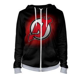 Женская толстовка 3D на молнии с принтом Нью-Джерси Дэвилз в Ухте, 100% полиэстер | длина до линии бедра, манжеты и пояс оформлены мягкой тканевой резинкой, двухслойный капюшон со шнурком для регулировки, спереди молния, по бокам два кармана | nhl | нхл | нью джерси дэвилз | хоккеист | хоккей