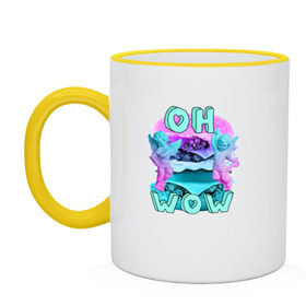 Кружка двухцветная с принтом oh. wow! в Ухте, керамика | объем — 330 мл, диаметр — 80 мм. Цветная ручка и кайма сверху, в некоторых цветах — вся внутренняя часть | Тематика изображения на принте: 