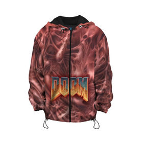 Детская куртка 3D с принтом Doom (Classic) в Ухте, 100% полиэстер | застежка — молния, подол и капюшон оформлены резинкой с фиксаторами, по бокам — два кармана без застежек, один потайной карман на груди, плотность верхнего слоя — 90 г/м2; плотность флисового подклада — 260 г/м2 | 90 | олдскул | скелет | череп