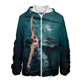 Мужская куртка 3D с принтом Пловец в Ухте, ткань верха — 100% полиэстер, подклад — флис | прямой крой, подол и капюшон оформлены резинкой с фиксаторами, два кармана без застежек по бокам, один большой потайной карман на груди. Карман на груди застегивается на липучку | 