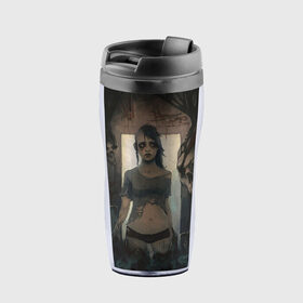 Термокружка-непроливайка с принтом Ужастик в Ухте, внутренняя часть — пищевой пластик, наружная часть — прозрачный пластик, между ними — полиграфическая вставка с рисунком | объем — 350 мл, герметичная крышка | Тематика изображения на принте: девушка | зомби | рок | ужас | фильм | череп