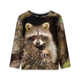 Детский лонгслив 3D с принтом Енот в Ухте, 100% полиэстер | длинные рукава, круглый вырез горловины, полуприлегающий силуэт
 | енот | звери | полоскун | природа
