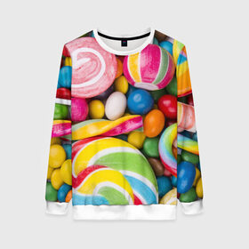 Женский свитшот 3D с принтом Вкусняшки в Ухте, 100% полиэстер с мягким внутренним слоем | круглый вырез горловины, мягкая резинка на манжетах и поясе, свободная посадка по фигуре | вкусняшки | драже | конфеты | лакомство | леденцы | мармелад | обжора | объедение | орешки | праздник | сладкоежка | сладости | шоколад