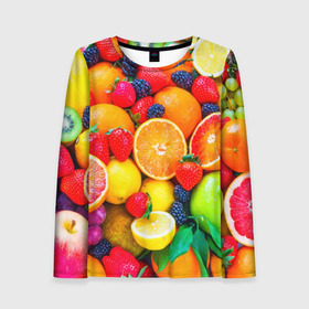 Женский лонгслив 3D с принтом Ягоды и фрукты в Ухте, 100% полиэстер | длинные рукава, круглый вырез горловины, полуприлегающий силуэт | апельсин | ежевика | клубника | фрукты | ягода