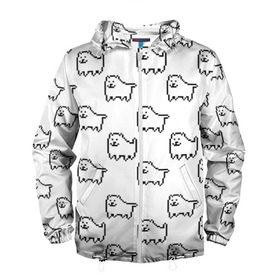 Мужская ветровка 3D с принтом Undertale Annoying dog white в Ухте, 100% полиэстер | подол и капюшон оформлены резинкой с фиксаторами, два кармана без застежек по бокам, один потайной карман на груди | Тематика изображения на принте: 8 bit | annoying dog | dog | pixel art | undertale | white