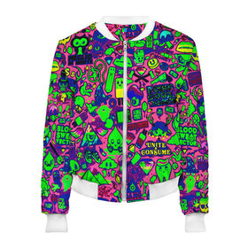 Женский бомбер 3D с принтом sticker bombing в Ухте, 100% полиэстер | застегивается на молнию, по бокам два кармана без застежек, мягкие манжеты, по низу бомбера и на воротнике — эластичная резинка | 