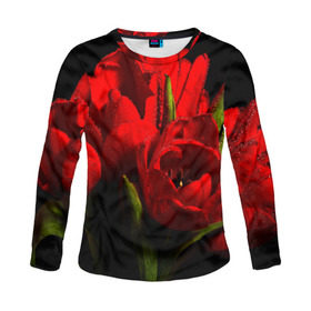 Женский лонгслив 3D с принтом Тюльпаны в Ухте, 100% полиэстер | длинные рукава, круглый вырез горловины, полуприлегающий силуэт | букет | красота | поле | природа | тюльпаны | цветы