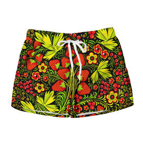 Женские шорты 3D с принтом Роспись Хохлома 1 в Ухте, 100% полиэстер | прямой крой, два кармана без застежек по бокам. Мягкая трикотажная резинка на поясе, внутри которой широкие завязки. Длина до середины бедра | flower | flowers | russia |   | павлопасадские платки | платки | раша | рисунок | роспись | россия | хохлома | цветок | цветы