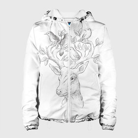 Женская куртка 3D с принтом Олень с птицами в Ухте, ткань верха — 100% полиэстер, подклад — флис | прямой крой, подол и капюшон оформлены резинкой с фиксаторами, два кармана без застежек по бокам, один большой потайной карман на груди. Карман на груди застегивается на липучку | 