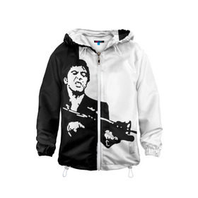 Детская ветровка 3D с принтом Тони Монтана в Ухте, 100% полиэстер | подол и капюшон оформлены резинкой с фиксаторами, по бокам два кармана без застежек, один потайной карман на груди | montana | scarface | tony | лицо со шрамом | монтана | тони