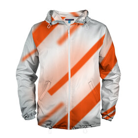 Мужская ветровка 3D с принтом Бело-оранжевый в Ухте, 100% полиэстер | подол и капюшон оформлены резинкой с фиксаторами, два кармана без застежек по бокам, один потайной карман на груди | Тематика изображения на принте: вектор1