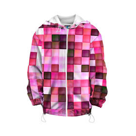 Детская куртка 3D с принтом Квадрат в Ухте, 100% полиэстер | застежка — молния, подол и капюшон оформлены резинкой с фиксаторами, по бокам — два кармана без застежек, один потайной карман на груди, плотность верхнего слоя — 90 г/м2; плотность флисового подклада — 260 г/м2 | Тематика изображения на принте: мозаика | плитка | розовый