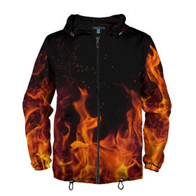 Мужская ветровка 3D с принтом Огонь с искрами в Ухте, 100% полиэстер | подол и капюшон оформлены резинкой с фиксаторами, два кармана без застежек по бокам, один потайной карман на груди | 